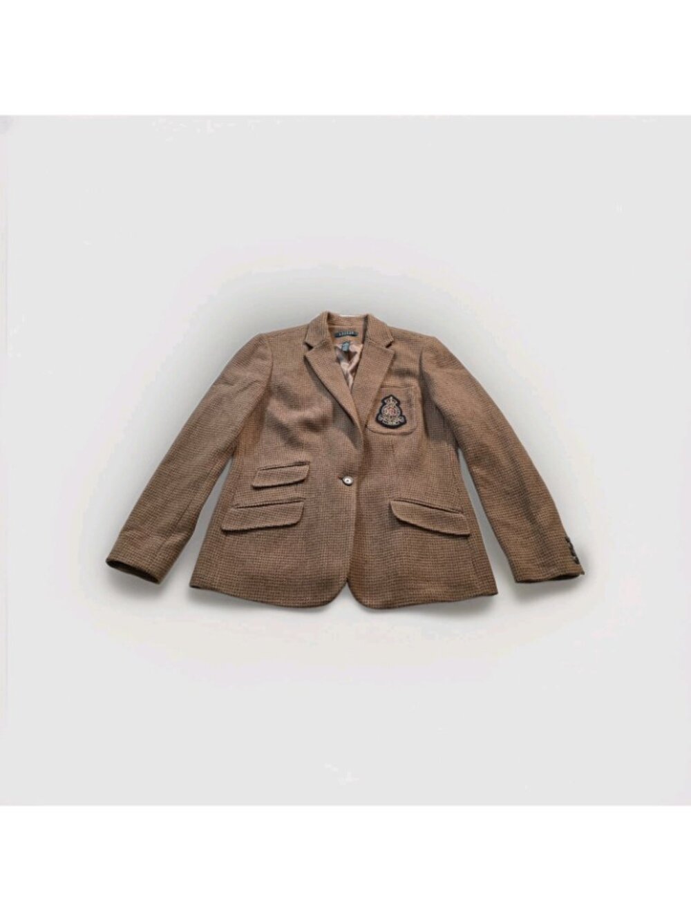 Lauren Ralph Lauren Tweed Crested Blazer Women US 16 Tan Houndstooth Wool Preppy - Picture 10 of 16